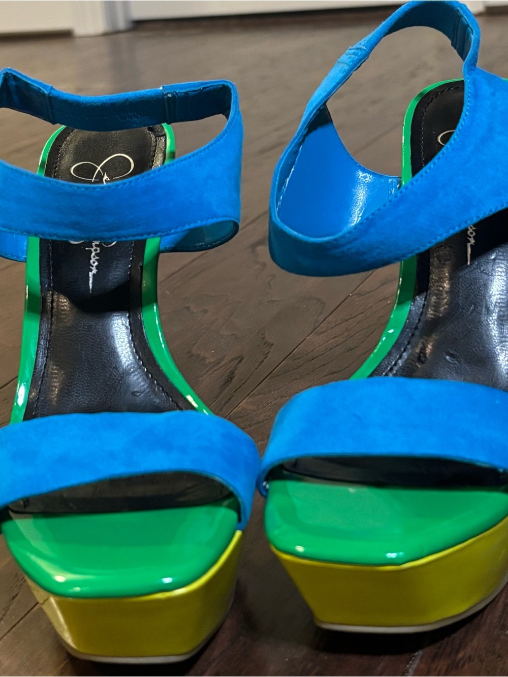 Jessica Simpson Blue Suede Platform Sandals with Green and Yellow Accents
